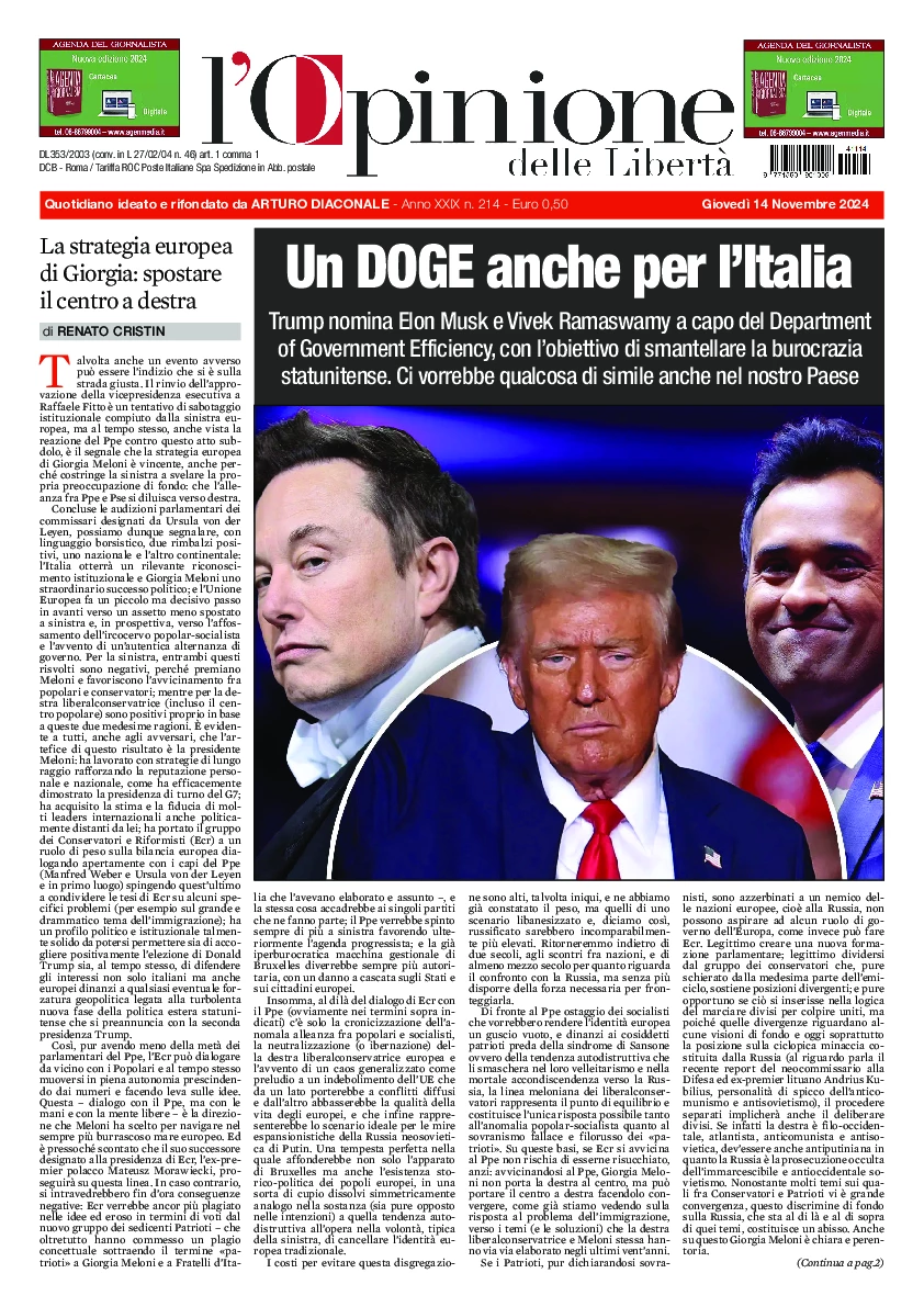 Prima-pagina-opinione della liberta-edizione-di-oggi-2024-11-14